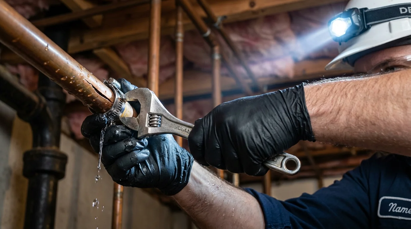 Emergency pipe clamp repair being performed by a Johns Plumbing LLC plumber in Elk City