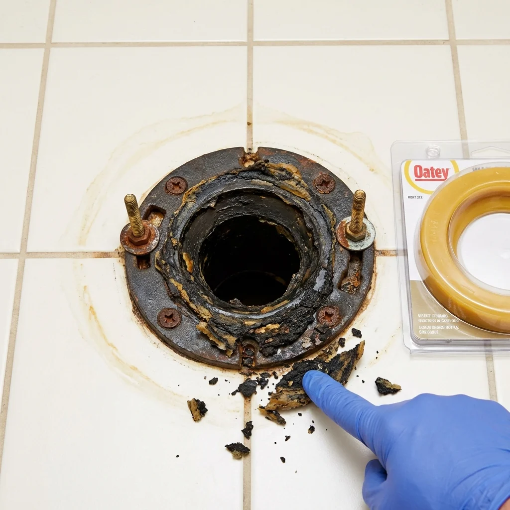 Failed wax ring showing water seepage at the base of a toilet in a Elk City, OK home