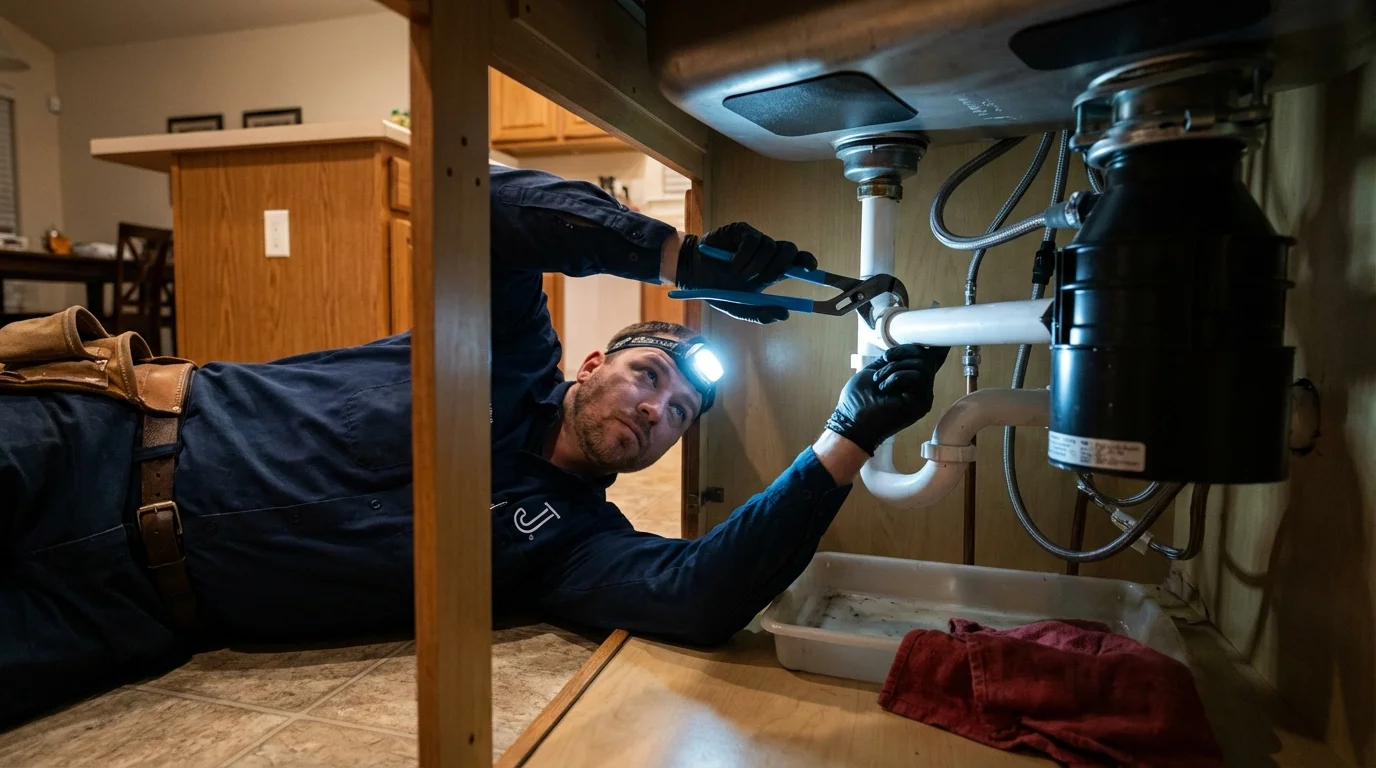 P-trap and supply line connections under a kitchen sink showing a common leak point in Elk City, OK